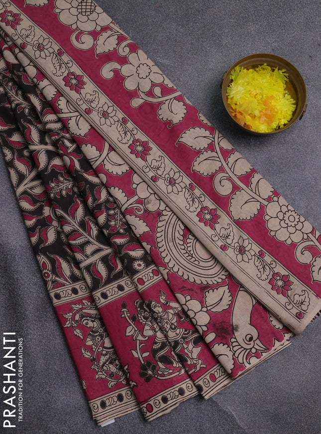 Kalamkari cotton saree black and pink with allover prints and printed border