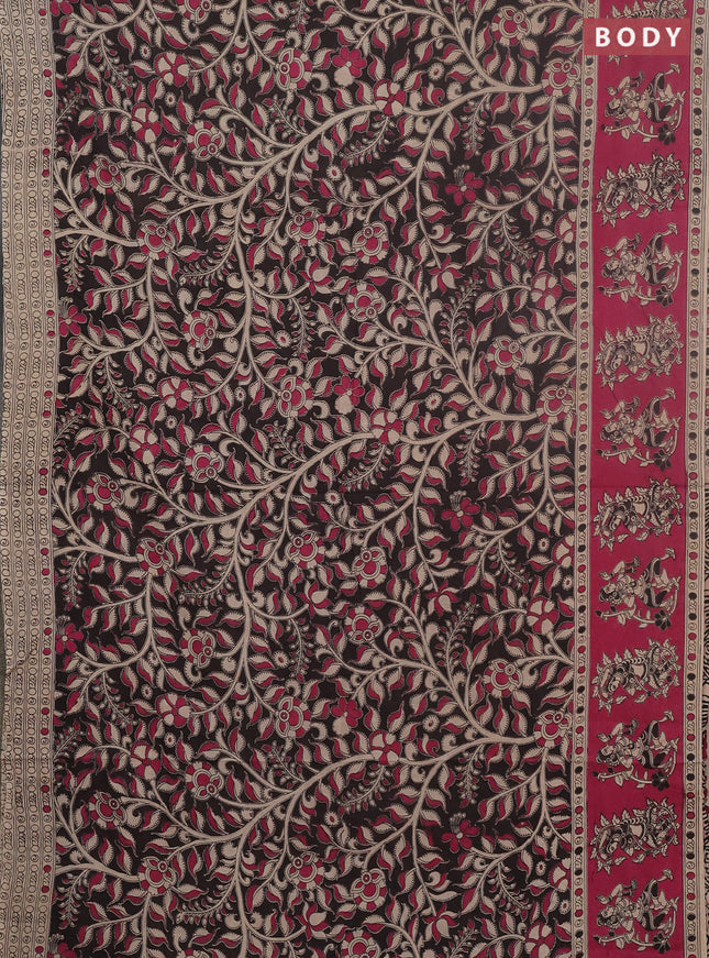 Kalamkari cotton saree black and pink with allover prints and printed border