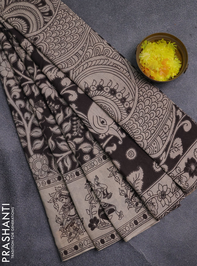 Kalamkari cotton saree black and beige with allover prints and printed border