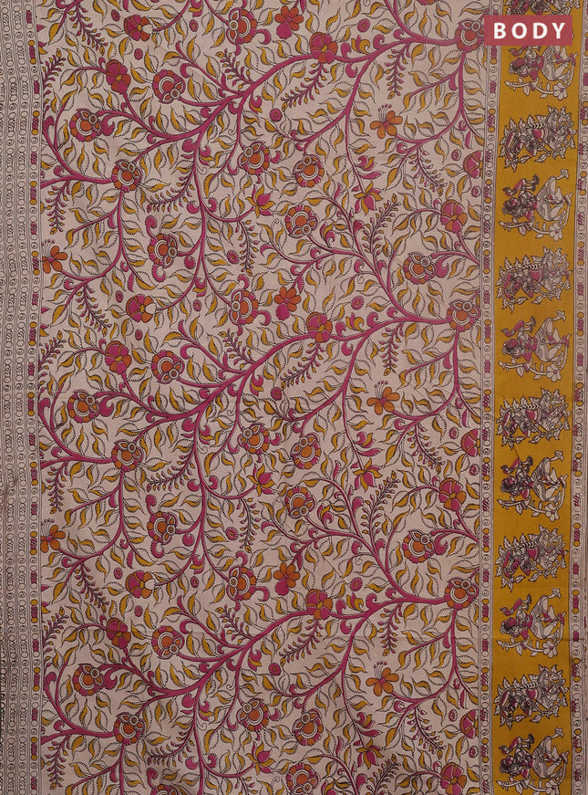 Kalamkari cotton saree beige and yellow with allover prints and printed border