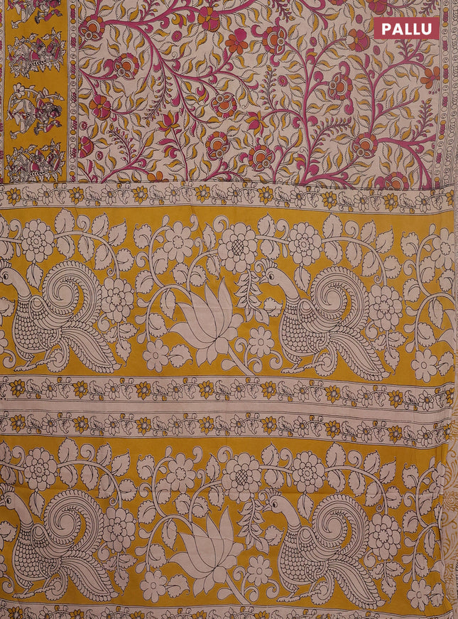 Kalamkari cotton saree beige and yellow with allover prints and printed border