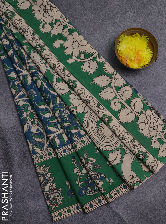 Kalamkari cotton saree teal green and green with allover prints and printed border