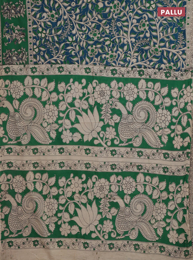 Kalamkari cotton saree teal green and green with allover prints and printed border