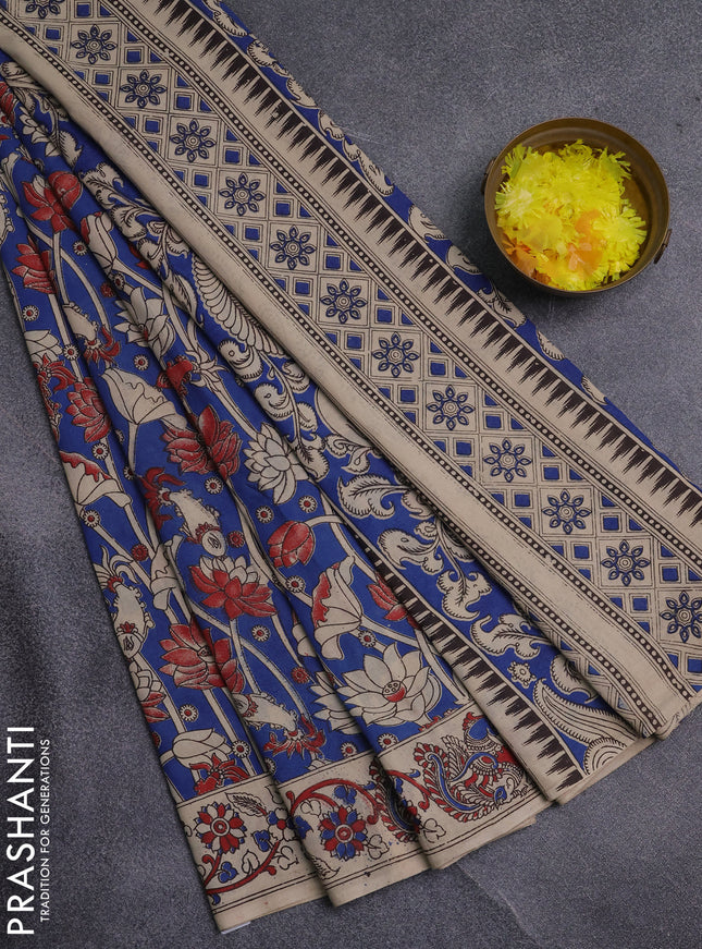 Kalamkari cotton saree blue and beige with allover prints and printed border