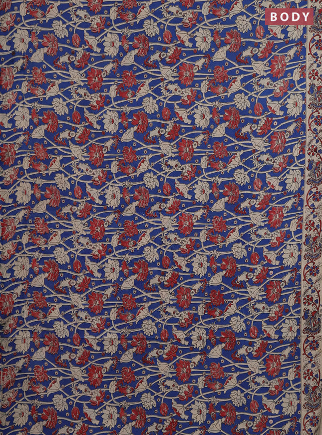 Kalamkari cotton saree blue and beige with allover prints and printed border
