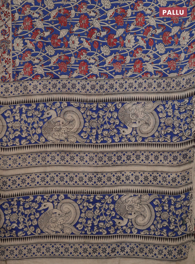 Kalamkari cotton saree blue and beige with allover prints and printed border