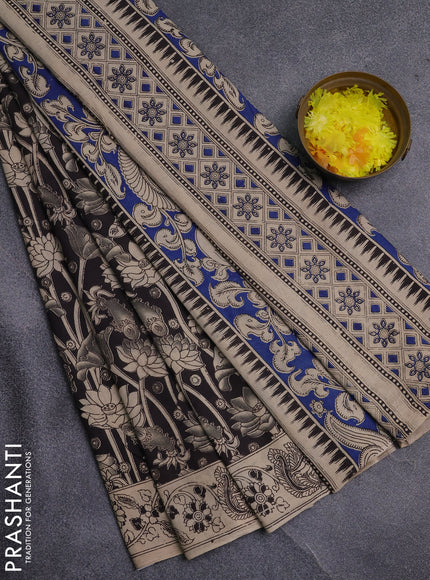 Kalamkari cotton saree black and beige with allover prints and printed border