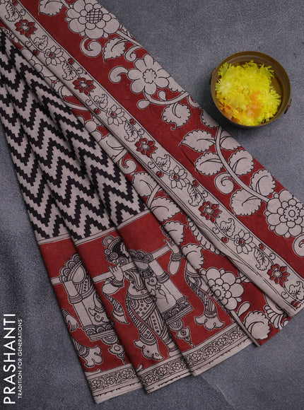 Kalamkari cotton saree black and maroon with allover zigzag prints and printed border