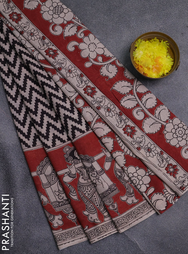 Kalamkari cotton saree black and maroon with allover zigzag prints and printed border