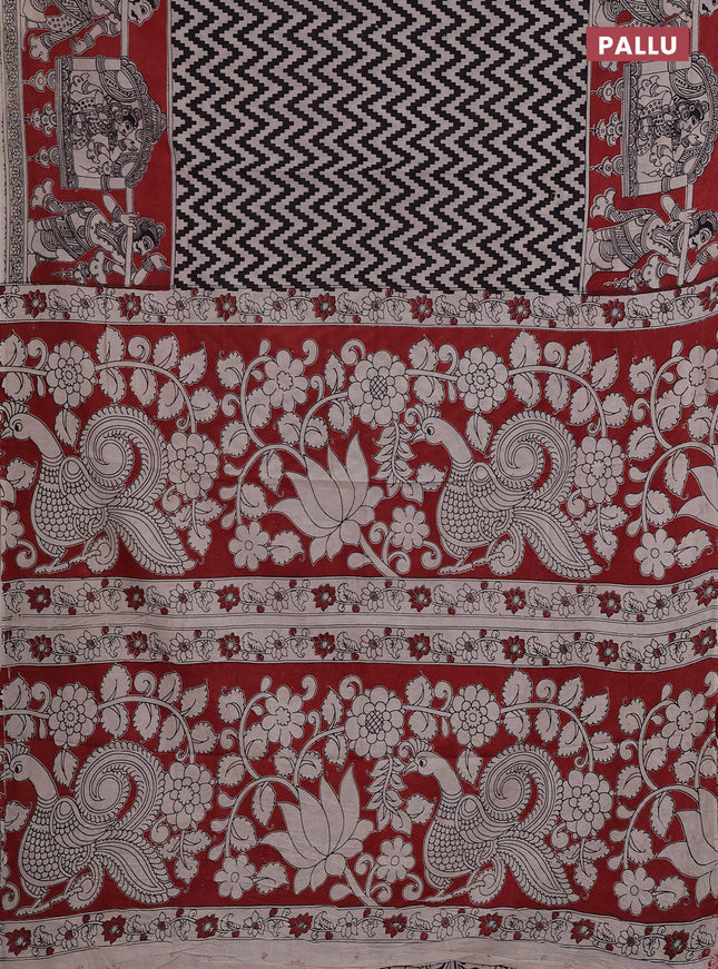 Kalamkari cotton saree black and maroon with allover zigzag prints and printed border