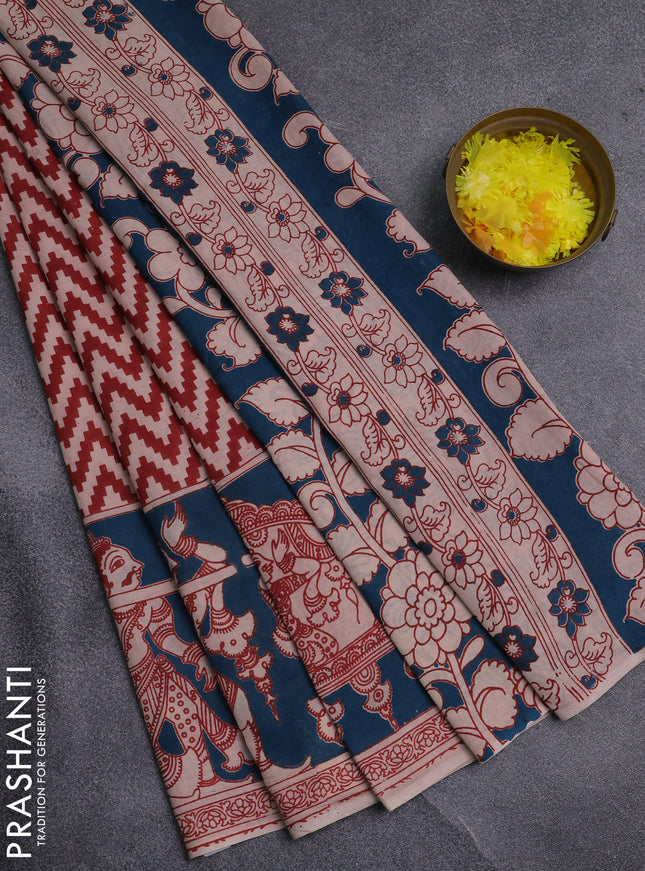 Kalamkari cotton saree maroon and teal green with allover zigzag prints and printed border