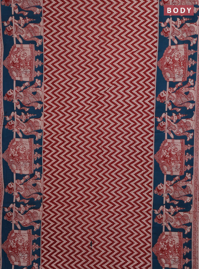 Kalamkari cotton saree maroon and teal green with allover zigzag prints and printed border