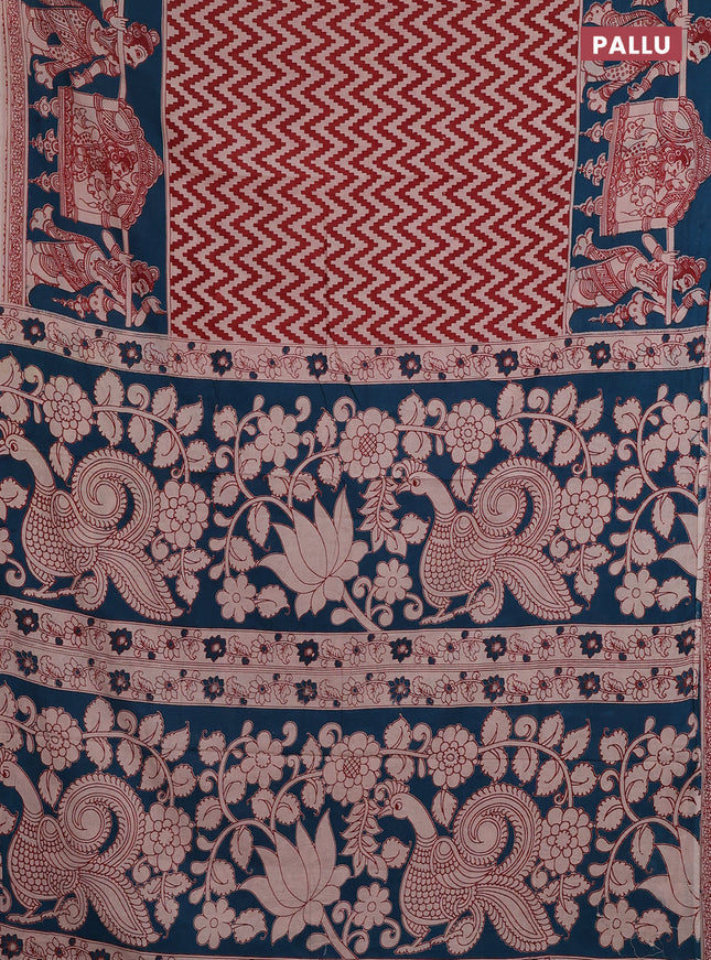 Kalamkari cotton saree maroon and teal green with allover zigzag prints and printed border