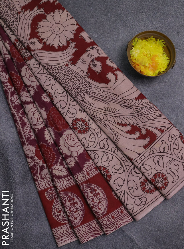 Kalamkari cotton saree wine shade and maroon with allover prints and printed border