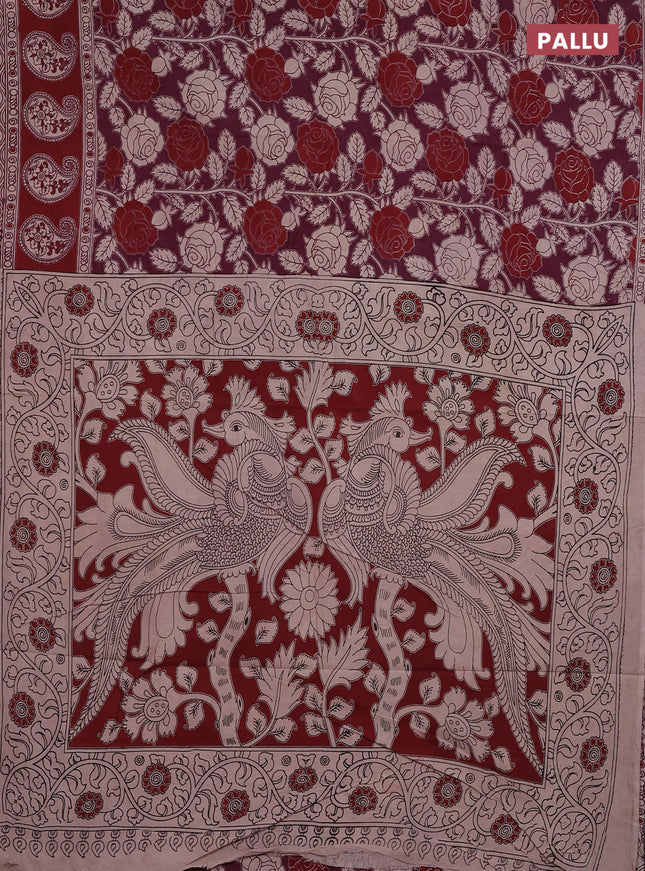 Kalamkari cotton saree wine shade and maroon with allover prints and printed border