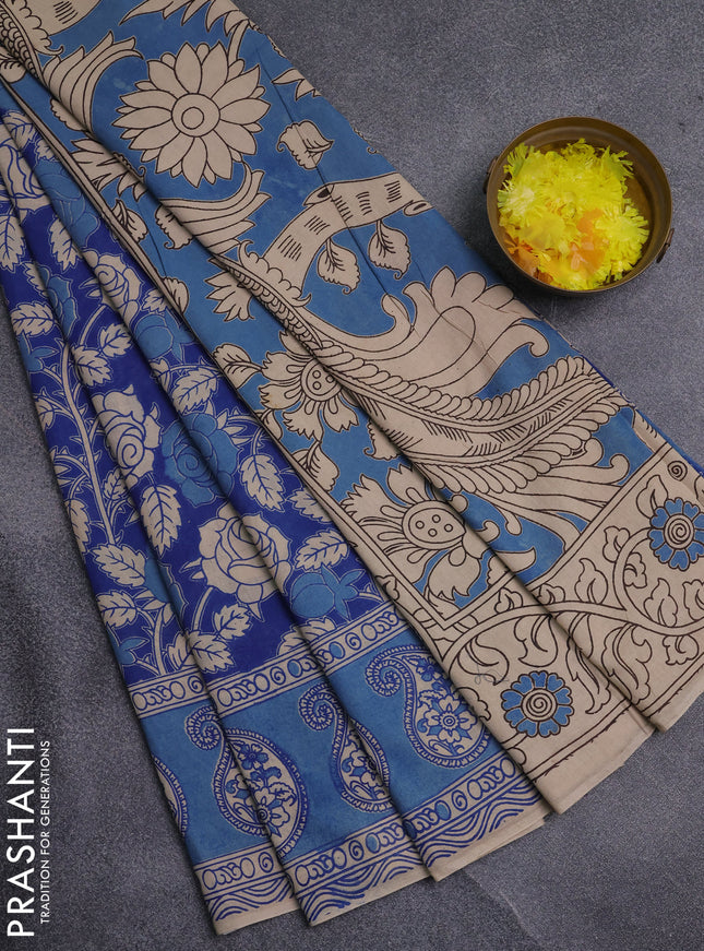 Kalamkari cotton saree blue and light green with allover prints and printed border