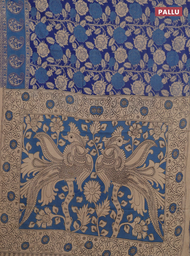 Kalamkari cotton saree blue and light green with allover prints and printed border