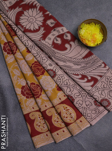 Kalamkari cotton saree yellow and maroon with allover prints and printed border