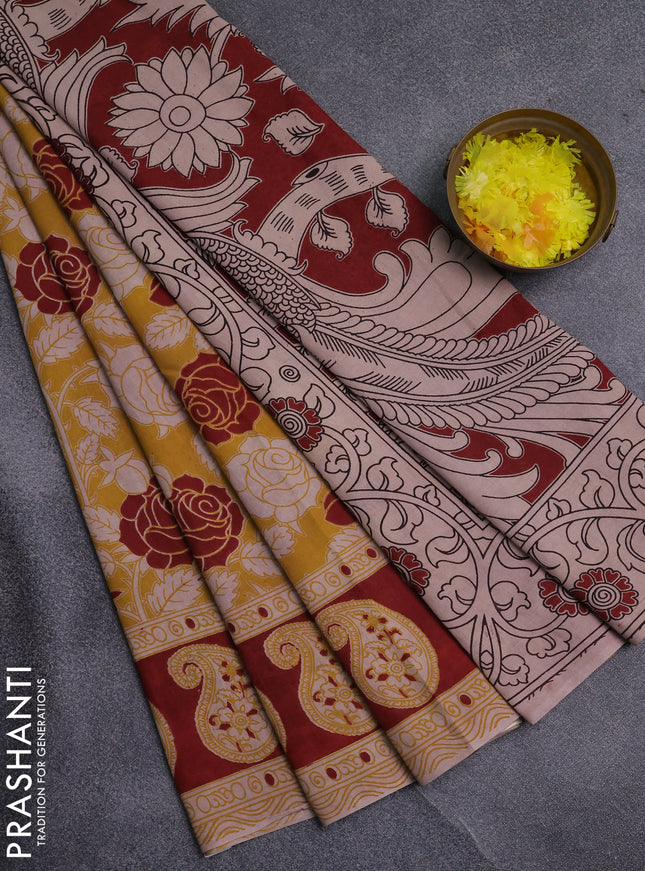 Kalamkari cotton saree yellow and maroon with allover prints and printed border