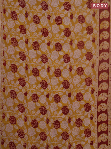 Kalamkari cotton saree yellow and maroon with allover prints and printed border
