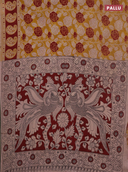 Kalamkari cotton saree yellow and maroon with allover prints and printed border