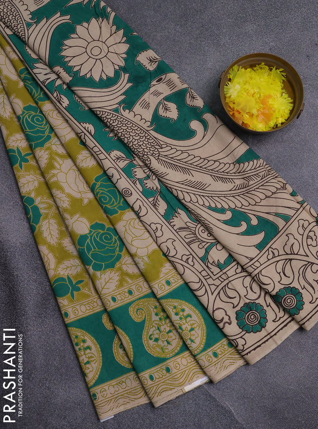Kalamkari cotton saree light green and teal green with allover prints and printed border