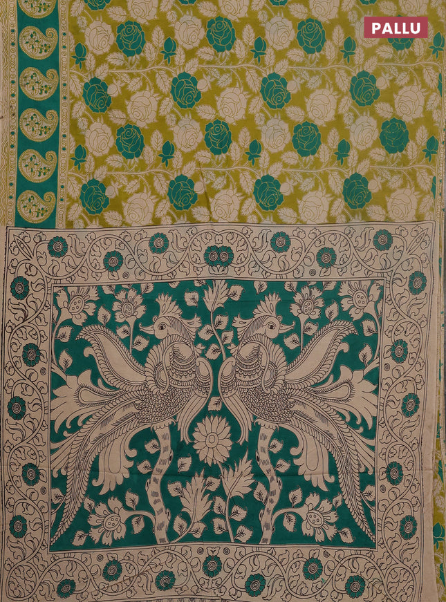 Kalamkari cotton saree light green and teal green with allover prints and printed border