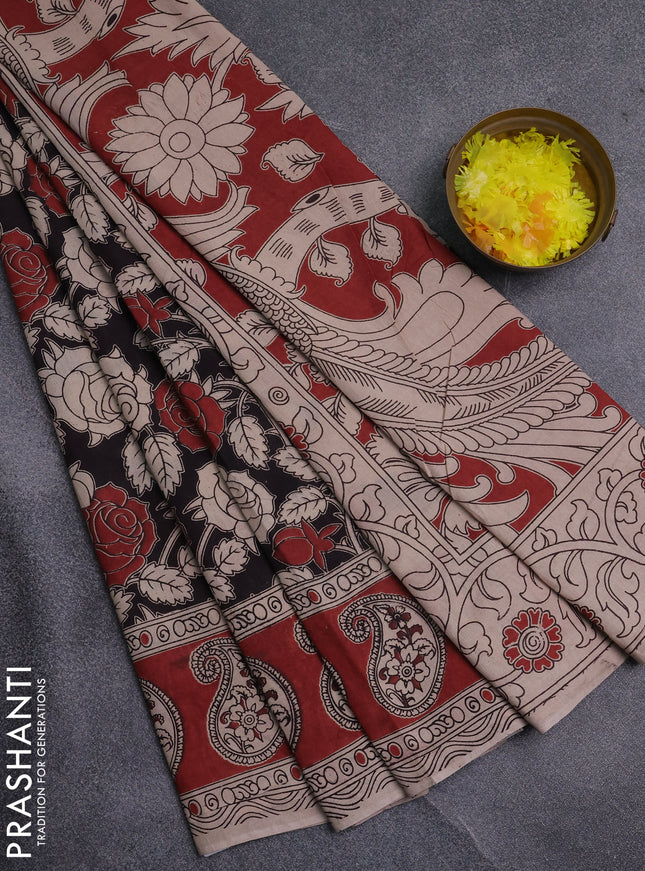 Kalamkari cotton saree black and maroon with allover prints and printed border