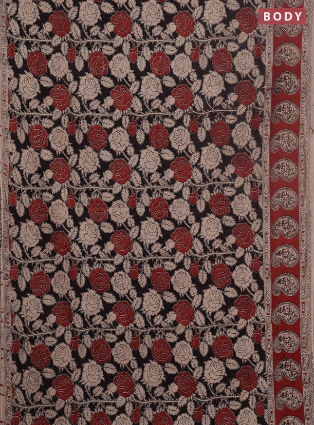 Kalamkari cotton saree black and maroon with allover prints and printed border