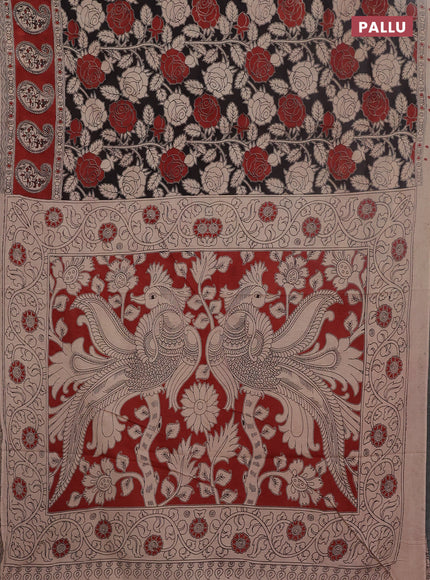 Kalamkari cotton saree black and maroon with allover prints and printed border