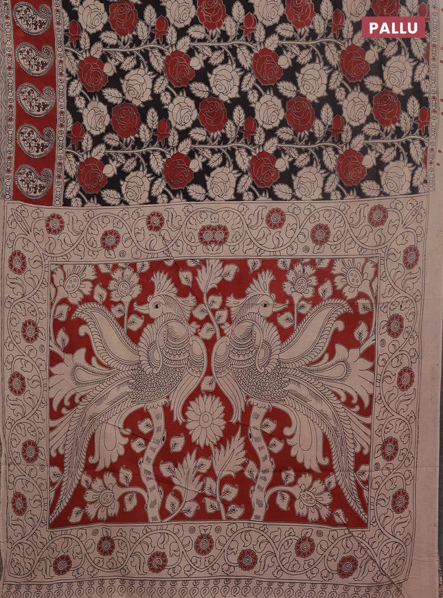 Kalamkari cotton saree black and maroon with allover prints and printed border