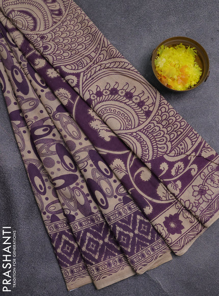 Kalamkari cotton saree lavender and beige with allover geomatric prints and printed border