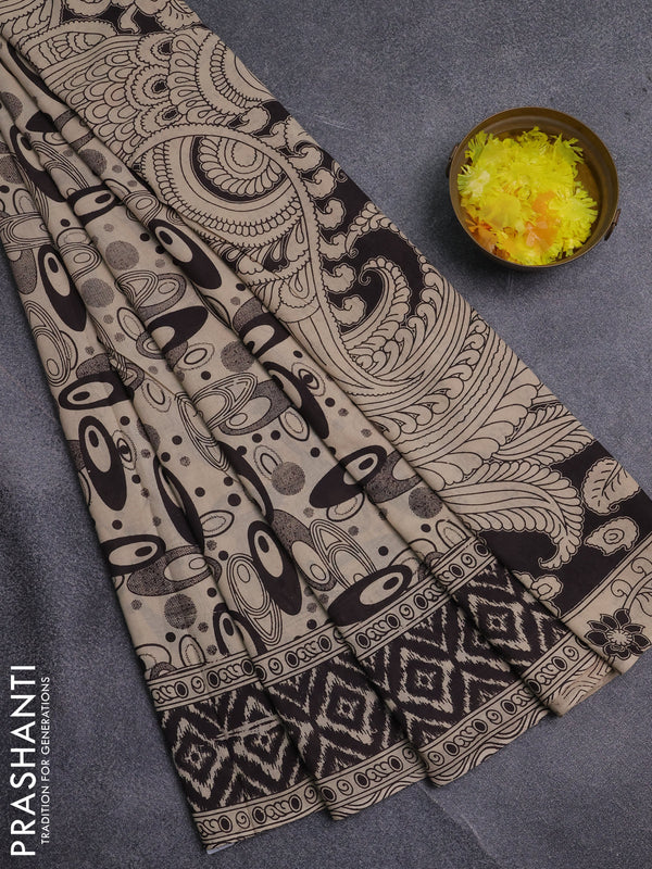 Kalamkari cotton saree black and beige with allover geomatric prints and printed border