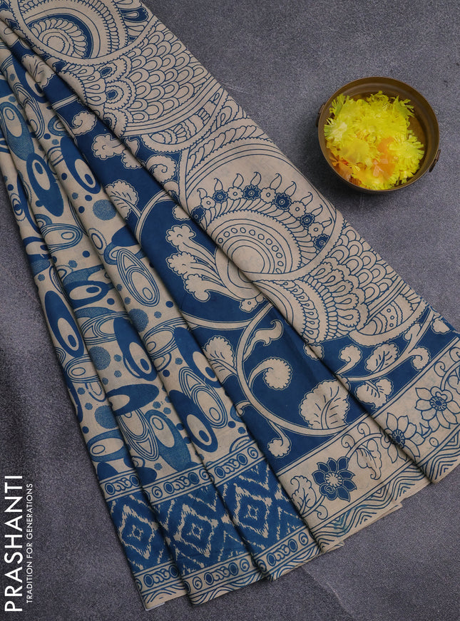 Kalamkari cotton saree cs blue and beige with allover geomatric prints and printed border