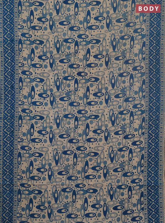 Kalamkari cotton saree cs blue and beige with allover geomatric prints and printed border