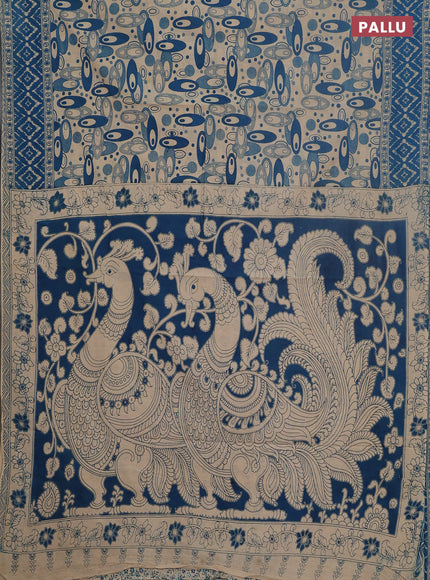 Kalamkari cotton saree cs blue and beige with allover geomatric prints and printed border