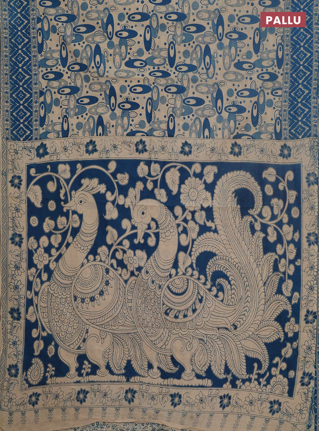 Kalamkari cotton saree cs blue and beige with allover geomatric prints and printed border