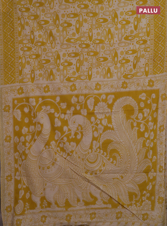 Kalamkari cotton saree yellow and beige with allover geomatric prints and printed border