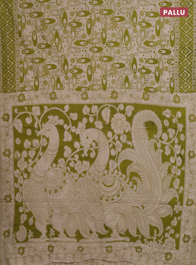 Kalamkari cotton saree light green and beige with allover geomatric prints and printed border