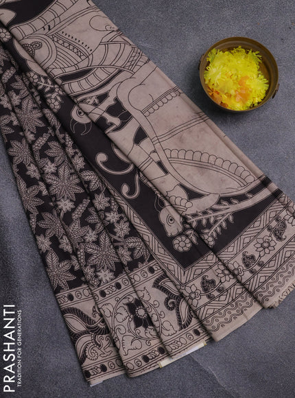 Kalamkari cotton saree black and beige with allover prints and printed border