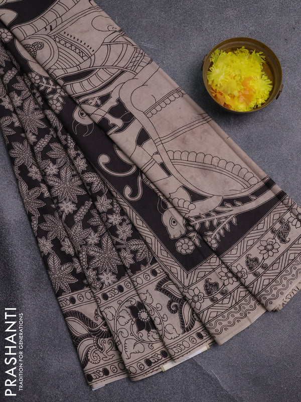 Kalamkari cotton saree black and beige with allover prints and printed border