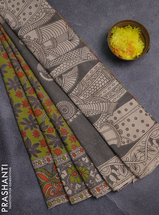 Kalamkari cotton saree light green and grey with allover prints and printed border