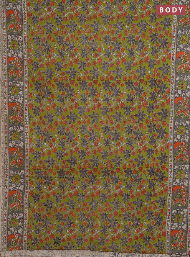 Kalamkari cotton saree light green and grey with allover prints and printed border
