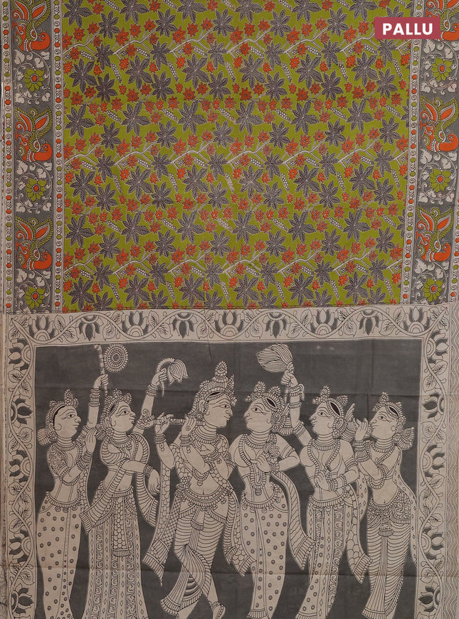 Kalamkari cotton saree light green and grey with allover prints and printed border