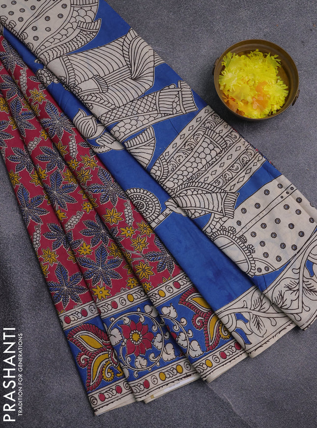 Kalamkari cotton saree pink shade and blue with allover prints and printed border