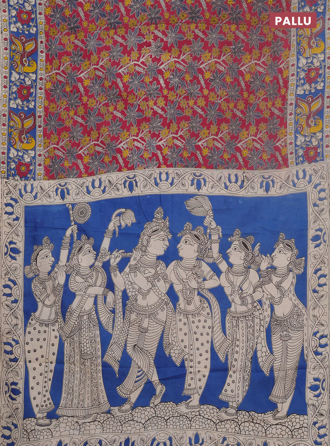 Kalamkari cotton saree pink shade and blue with allover prints and printed border