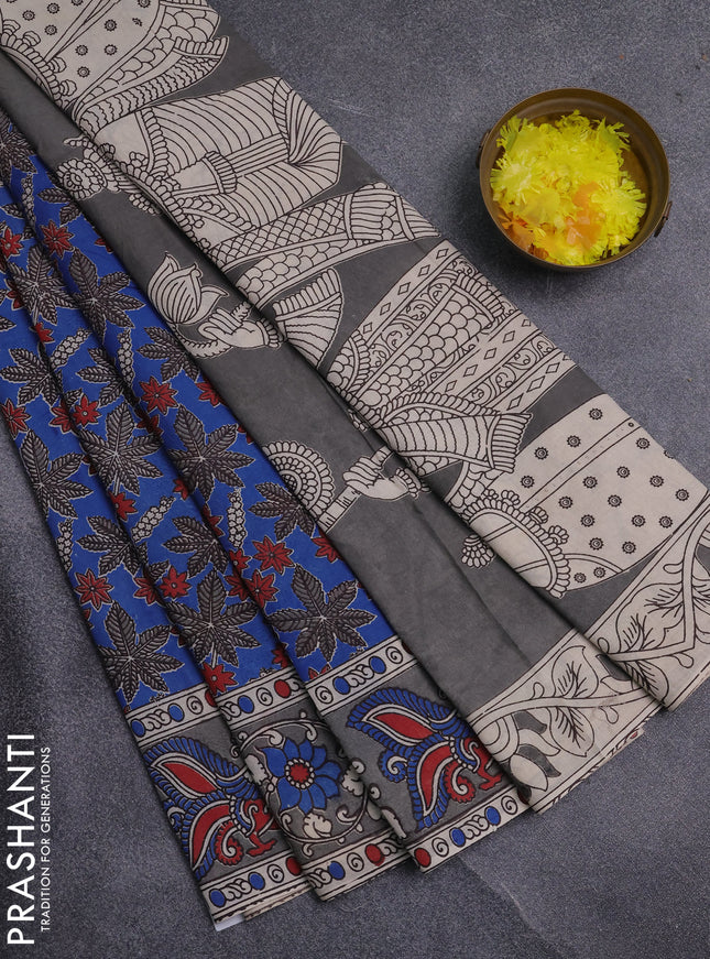 Kalamkari cotton saree blue and grey with allover prints and printed border