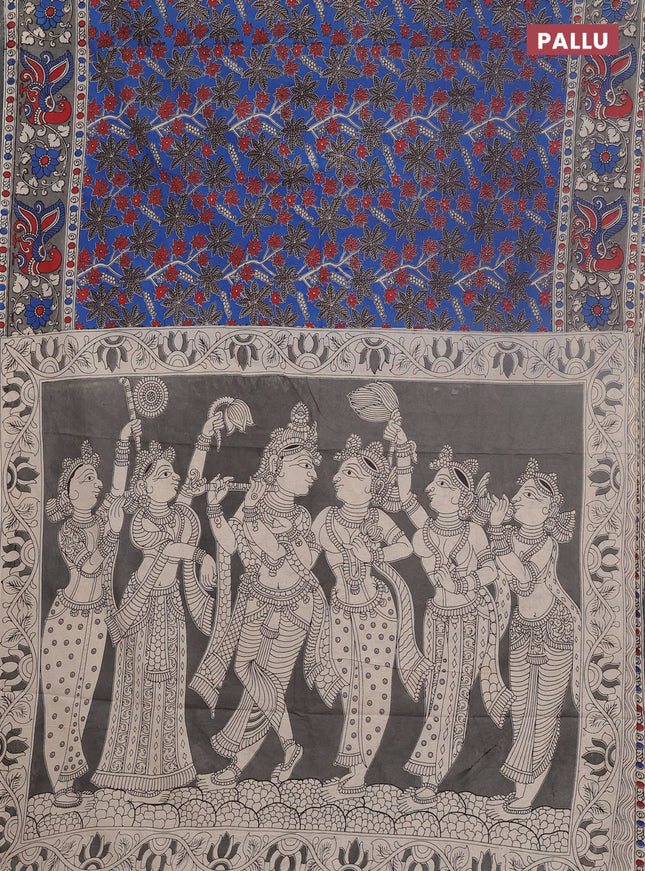 Kalamkari cotton saree blue and grey with allover prints and printed border