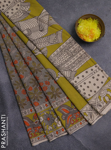 Kalamkari cotton saree grey and light green with allover prints and printed border