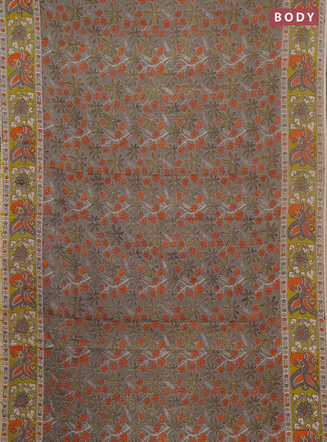 Kalamkari cotton saree grey and light green with allover prints and printed border